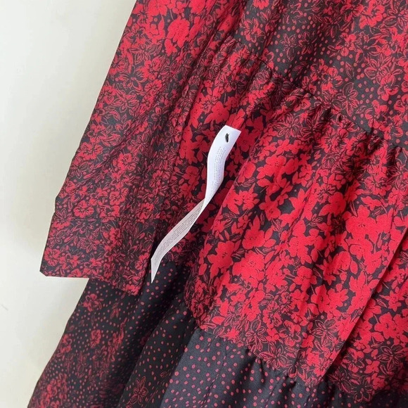 Topshop Size 2 Tiered Hem Long Puff Sleeve Shift Mini Dress Floral Red Black NEW - Picture 8 of 11